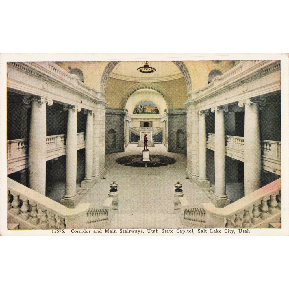 Vintage Utah State Capitol Corridor Main Stairways Salt Lake City Postcard 15575